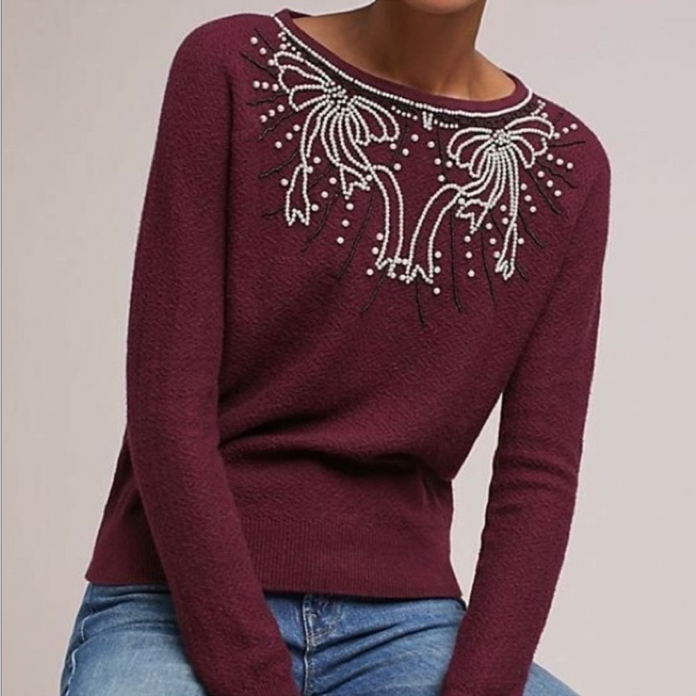 Anthropologie Field Flower Pearled Bow Pullover Crew Sweater Wool Embellished XS